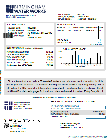 download United Kingdom Birmingham Water utility bill template in Word and PDF formats, version 2 PDF template